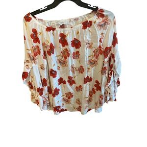 Fever Womens Off Shoulder Floral Blouse Red White Bell Sleeve Ruffle Top Large